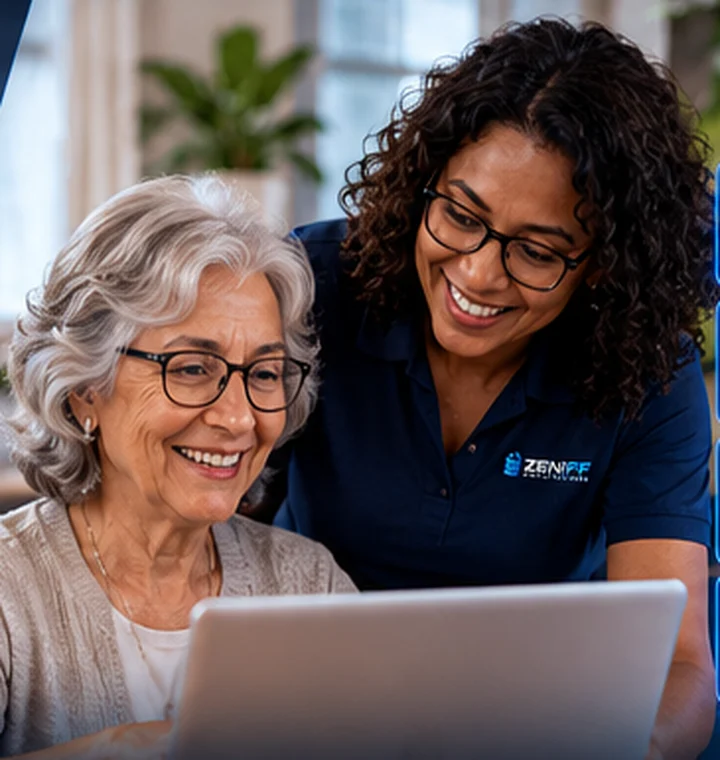 Brown-skinned technology coach assisting an older adult