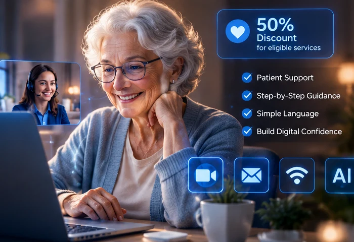 Older adult receiving friendly digital skills guidance