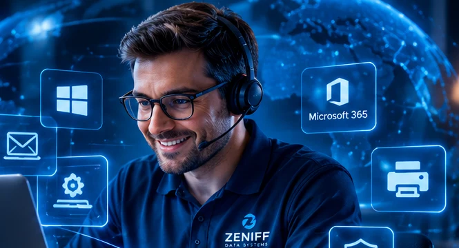 Friendly remote IT support specialist at a laptop