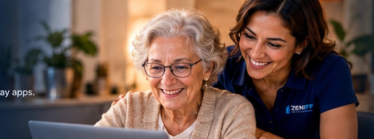 Older adult confidently learning digital skills on a laptop